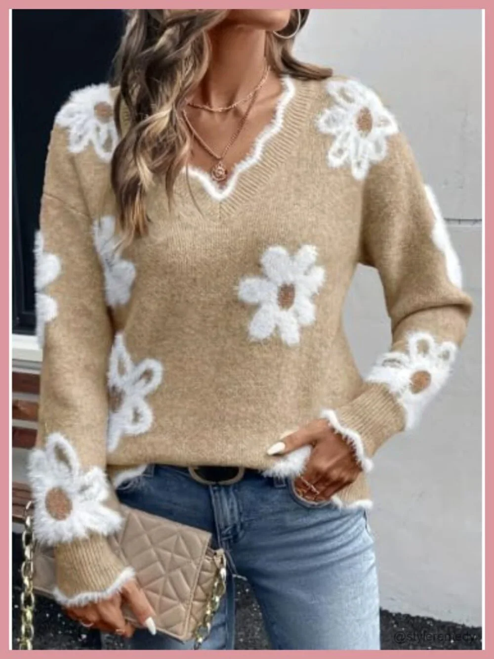 Women's Fuzzy Pullover Sweater V-Neck Long Sleeve Floral Print Cozy Knit Top